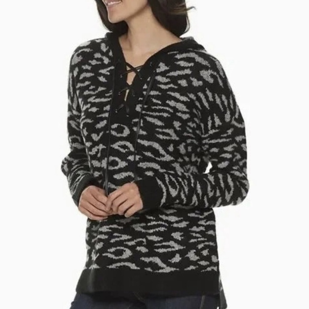 Rock & Republic Black/Gray Animal Print Design Lace Up Hooded Sweater Sz:L EUC